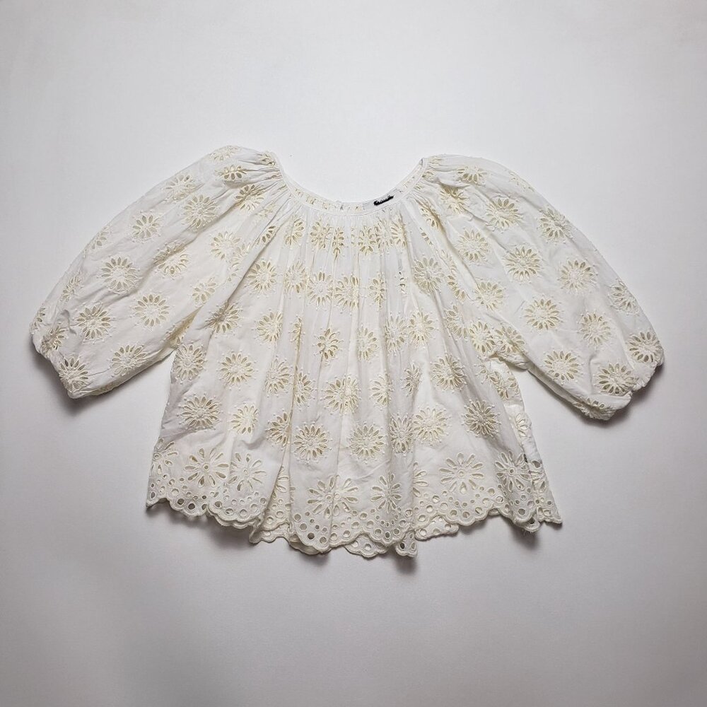 Madewell Embroidered Shirred Puff-Sleeve Top Women's Small Ivory Floral Eyelet - Picture 4 of 16